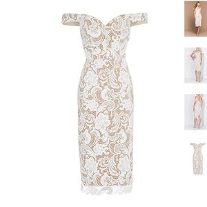 Ivory and nude lace off-the-shoulder dress